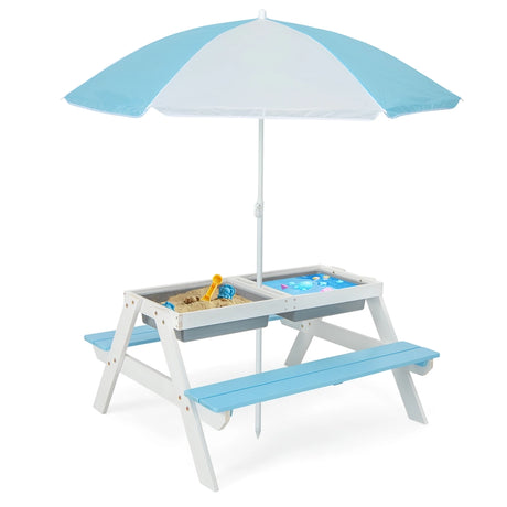 3-in-1 Kids Outdoor Picnic Water Sand Table with Umbrella Play Boxes-Blue
