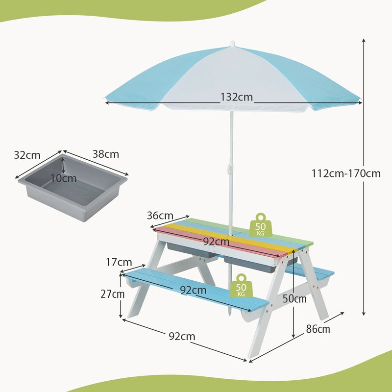 3-in-1 Kids Outdoor Picnic Water Sand Table with Umbrella Play Boxes-Blue