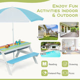 3-in-1 Kids Outdoor Picnic Water Sand Table with Umbrella Play Boxes-Blue