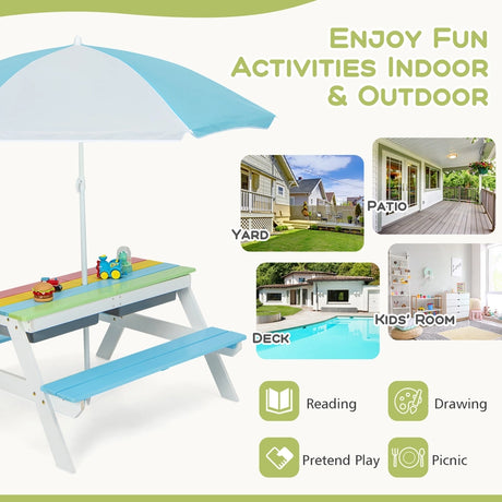3-in-1 Kids Outdoor Picnic Water Sand Table with Umbrella Play Boxes-Blue