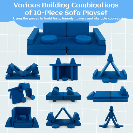 10-Piece Kids Play Couch Sofa with Portable Handle-Blue