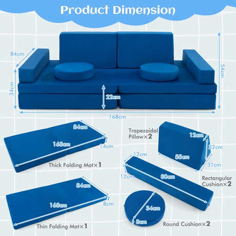 10-Piece Kids Play Couch Sofa with Portable Handle-Blue