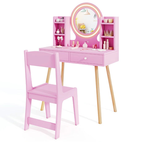 Kids Vanity Set with Lighted Mirror and Storage Drawers-Pink