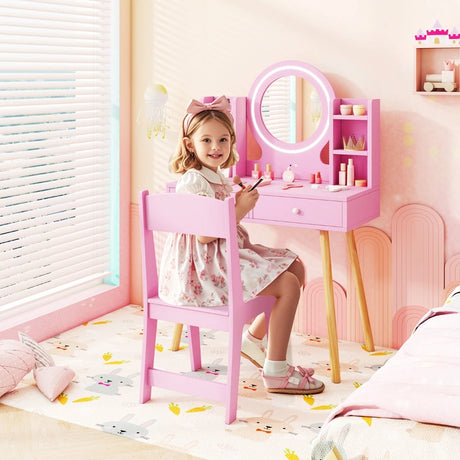 Kids Vanity Set with Lighted Mirror and Storage Drawers-Pink
