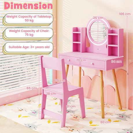 Kids Vanity Set with Lighted Mirror and Storage Drawers-Pink
