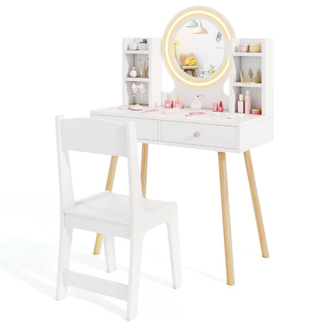 Kids Vanity Set with Lighted Mirror and Storage Drawers-White