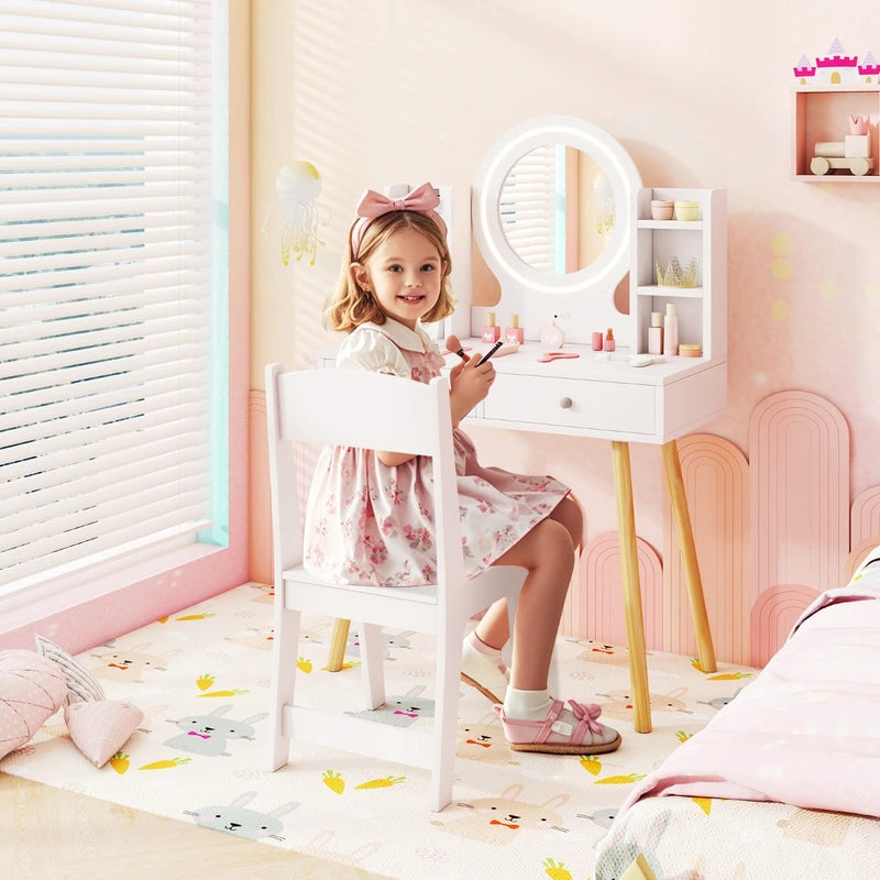 Kids Vanity Set with Lighted Mirror and Storage Drawers-White