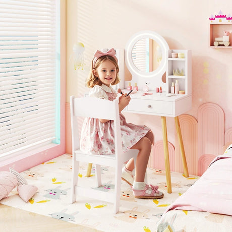 Kids Vanity Set with Lighted Mirror and Storage Drawers-White