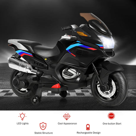 12V Electric Battery Powered Ride On Motorcycle with Training Wheels-Black