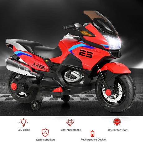 12V Electric Battery Powered Ride On Motorcycle with Training Wheels-Red