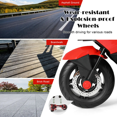 12V Electric Battery Powered Ride On Motorcycle with Training Wheels-Red