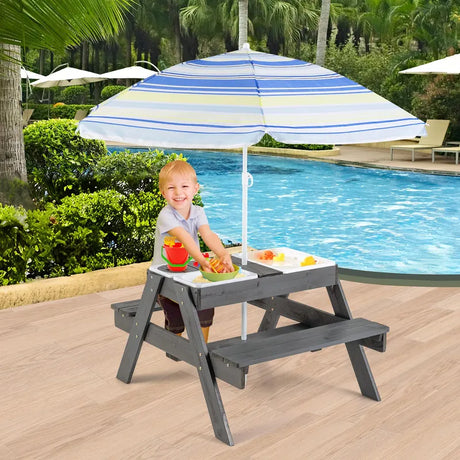 4-in-1 Kids Activity Table with 3 Removable Bins and Lids for Backyard Garden Patio-Grey