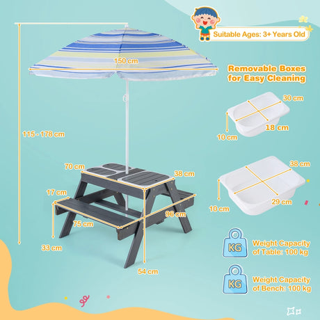 4-in-1 Kids Activity Table with 3 Removable Bins and Lids for Backyard Garden Patio-Grey