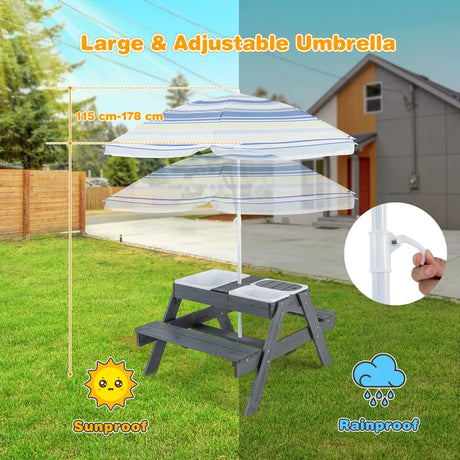 4-in-1 Kids Activity Table with 3 Removable Bins and Lids for Backyard Garden Patio-Grey