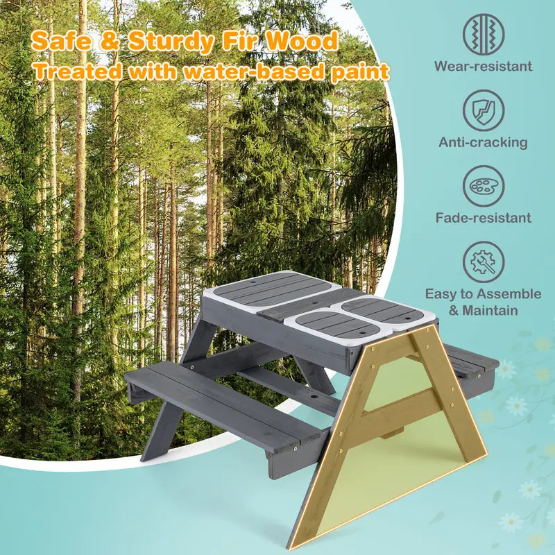 4-in-1 Kids Activity Table with 3 Removable Bins and Lids for Backyard Garden Patio-Grey