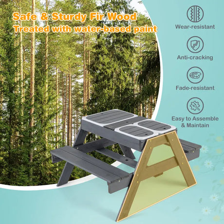 4-in-1 Kids Activity Table with 3 Removable Bins and Lids for Backyard Garden Patio-Grey