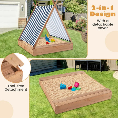 Wooden Kids Sandbox with Canopy and Tent Design