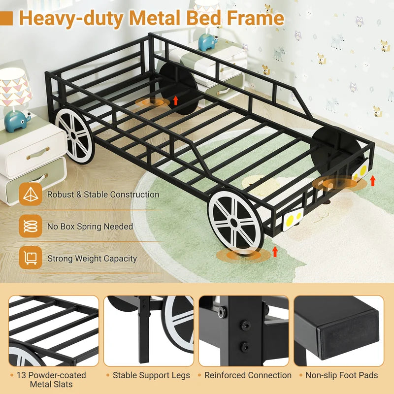 Kids Single Size Metal Car-Shaped Platform Bed Frame with Wheels-Black