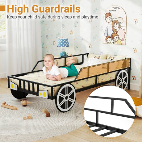 Kids Single Size Metal Car-Shaped Platform Bed Frame with Wheels-Black