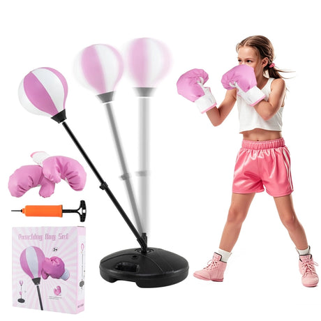 Kids Adjustable Stand Punching Bag Toy Set with Boxing Glove and Base-Pink