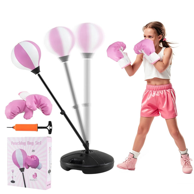 Kids Adjustable Stand Punching Bag Toy Set with Boxing Glove and Base-Pink