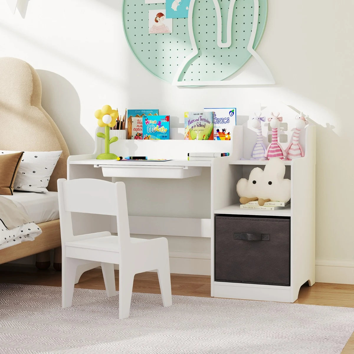Kids Study Desk and Chair Set Children Study Table with Open Shelves-White