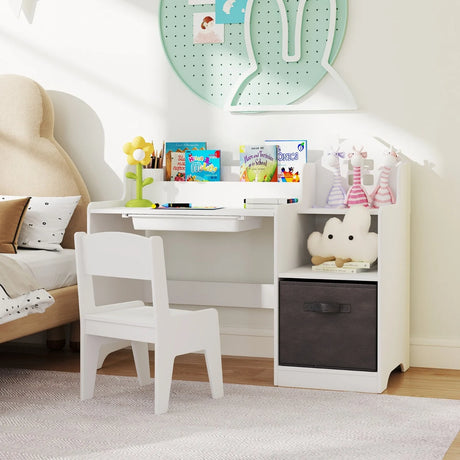 Kids Study Desk and Chair Set Children Study Table with Open Shelves-White
