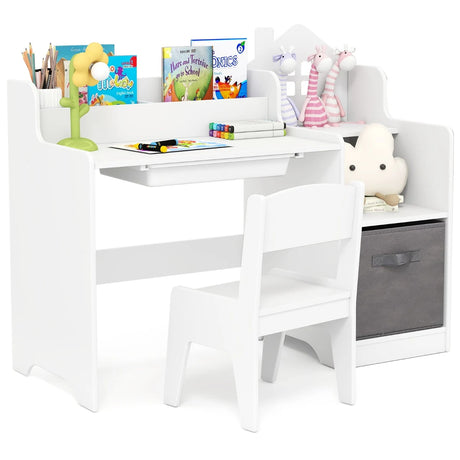 Kids Study Desk and Chair Set Children Study Table with Open Shelves-White