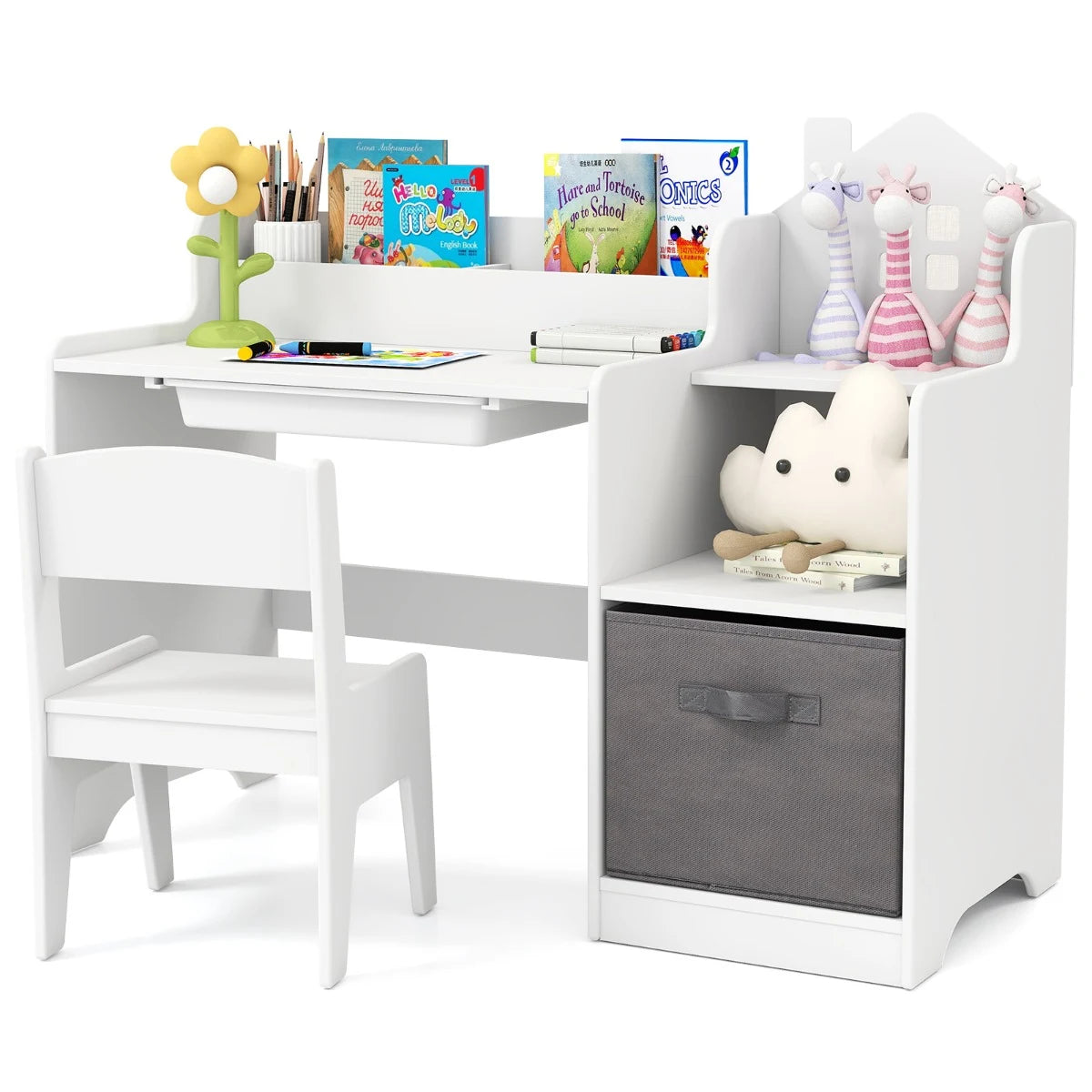 Kids Study Desk and Chair Set Children Study Table with Open Shelves-White