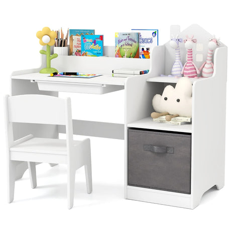 Kids Study Desk and Chair Set Children Study Table with Open Shelves-White