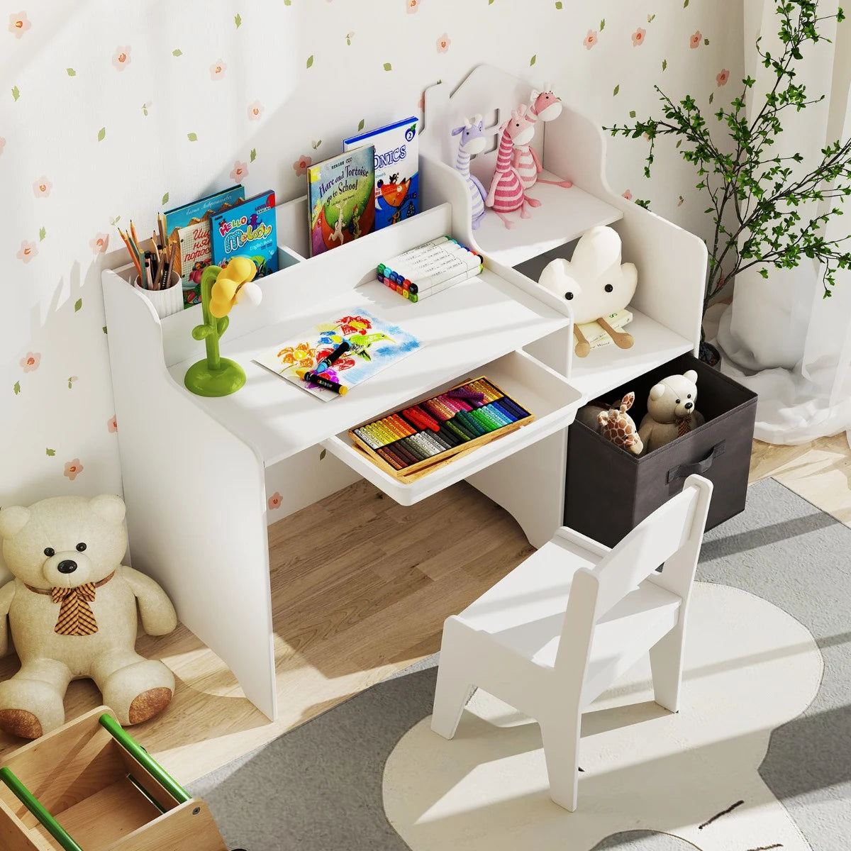 Kids Study Desk and Chair Set Children Study Table with Open Shelves-White