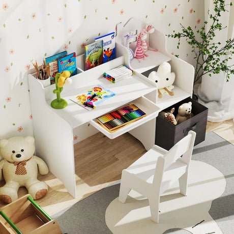 Kids Study Desk and Chair Set Children Study Table with Open Shelves-White