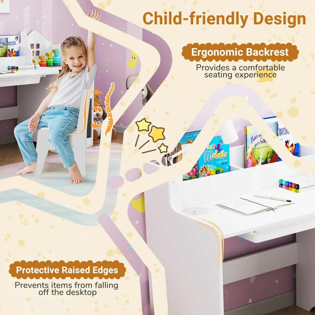 Kids Study Desk and Chair Set Children Study Table with Open Shelves-White