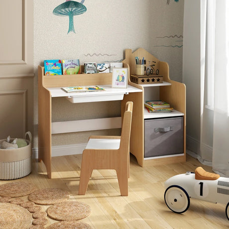 Kids Study Desk and Chair Set with Open Shelves and Drawer-Natural