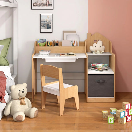 Kids Study Desk and Chair Set with Open Shelves and Drawer-Natural