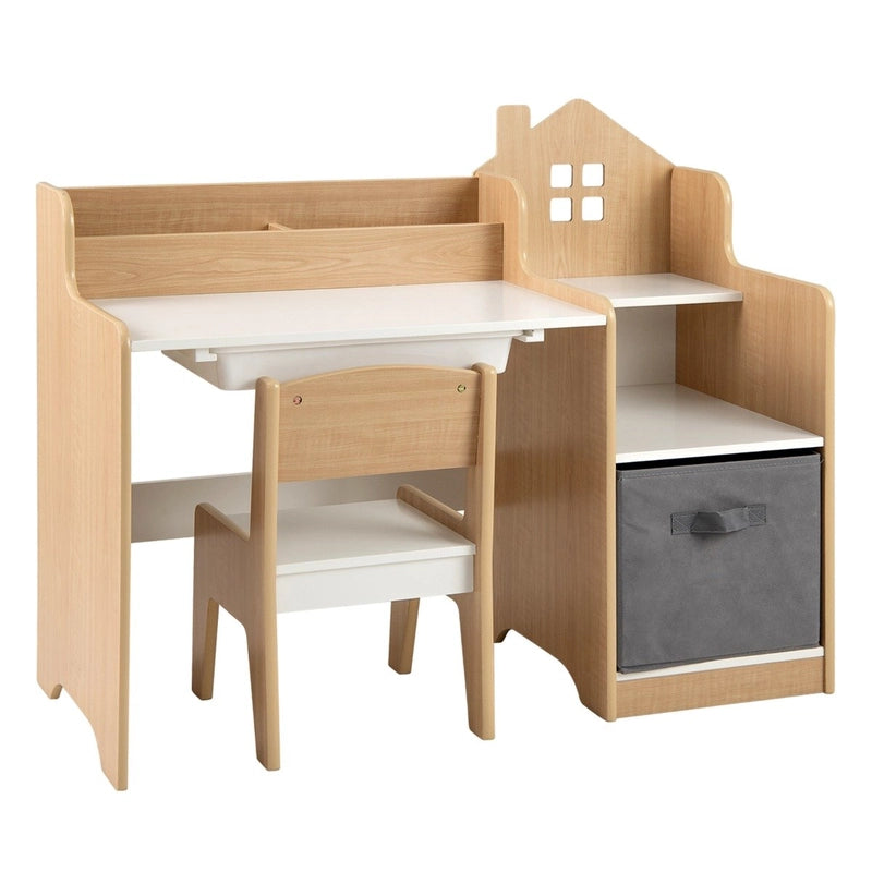 Kids Study Desk and Chair Set with Open Shelves and Drawer-Natural