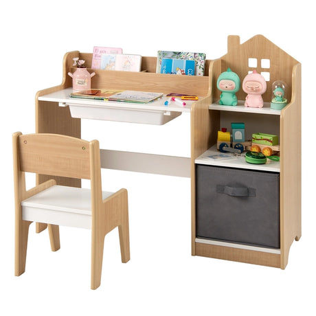 Kids Study Desk and Chair Set with Open Shelves and Drawer-Natural