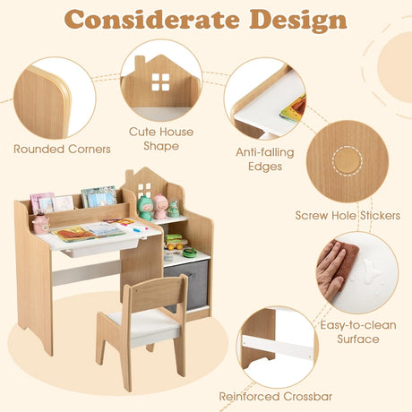 Kids Study Desk and Chair Set with Open Shelves and Drawer-Natural