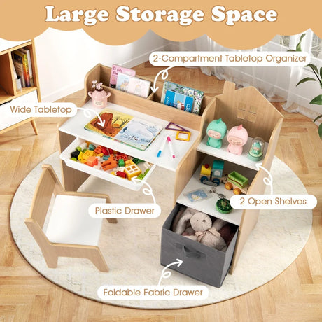 Kids Study Desk and Chair Set with Open Shelves and Drawer-Natural