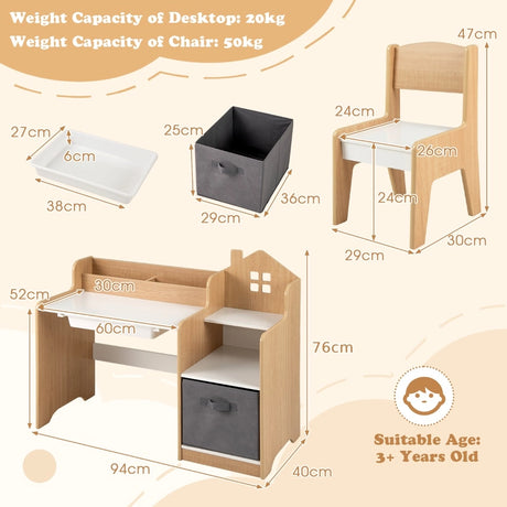 Kids Study Desk and Chair Set with Open Shelves and Drawer-Natural