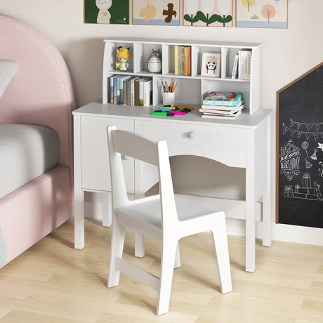 Kids Study Desk and Chair Set with Chair Hutch and Storage Cabinet for 3+ Years Old-White