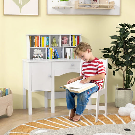 Kids Study Desk and Chair Set with Chair Hutch and Storage Cabinet for 3+ Years Old-White