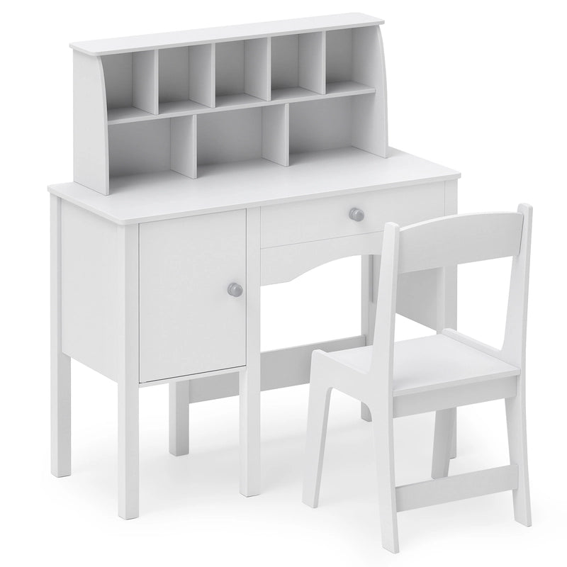 Kids Study Desk and Chair Set with Chair Hutch and Storage Cabinet for 3+ Years Old-White