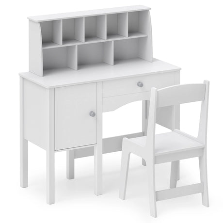 Kids Study Desk and Chair Set with Chair Hutch and Storage Cabinet for 3+ Years Old-White