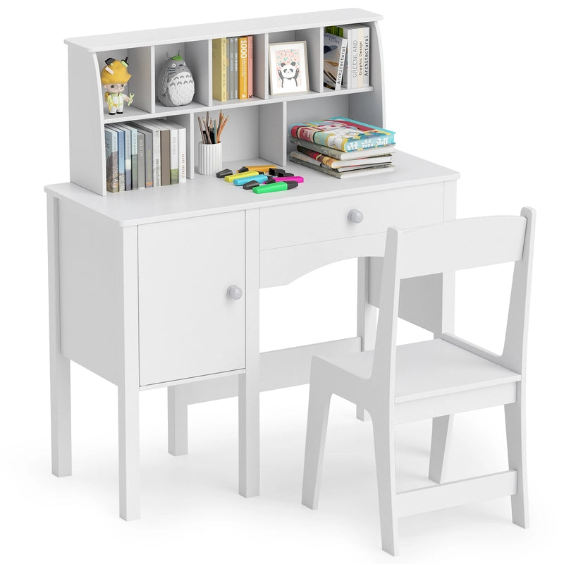 Kids Study Desk and Chair Set with Chair Hutch and Storage Cabinet for 3+ Years Old-White