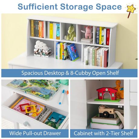 Kids Study Desk and Chair Set with Chair Hutch and Storage Cabinet for 3+ Years Old-White