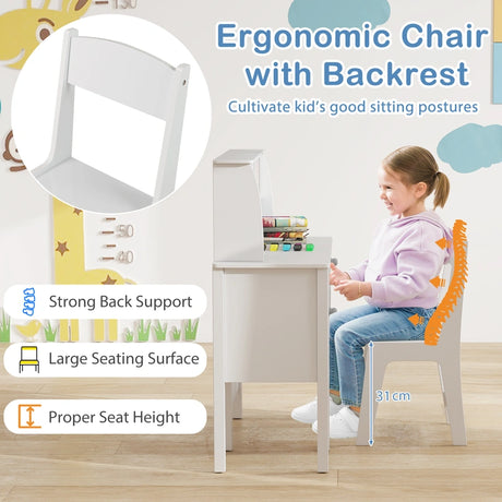 Kids Study Desk and Chair Set with Chair Hutch and Storage Cabinet for 3+ Years Old-White