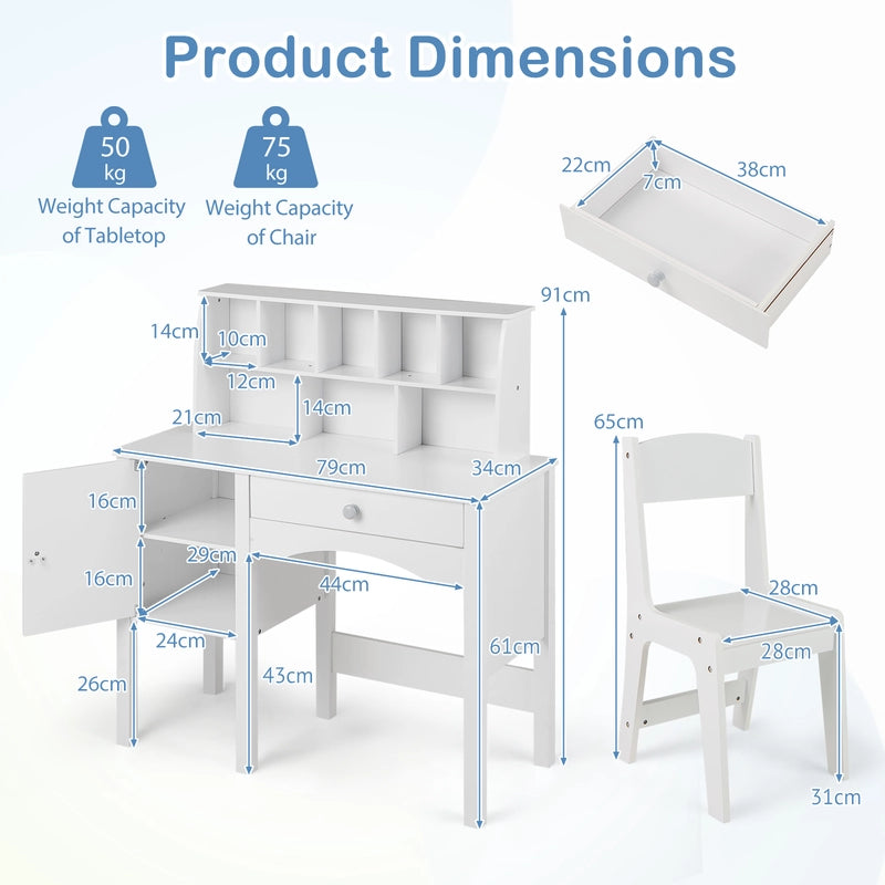 Kids Study Desk and Chair Set with Chair Hutch and Storage Cabinet for 3+ Years Old-White