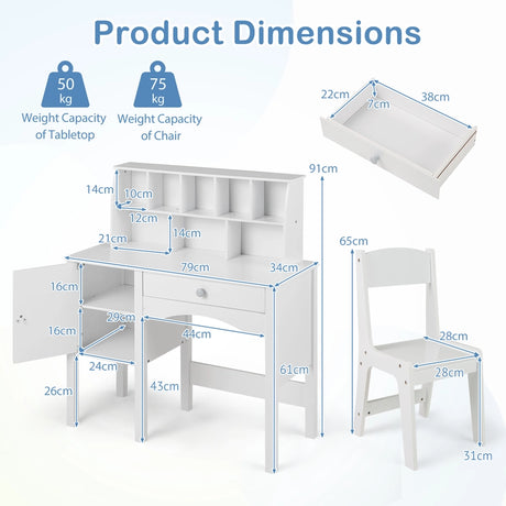 Kids Study Desk and Chair Set with Chair Hutch and Storage Cabinet for 3+ Years Old-White