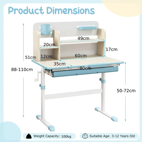 Height Adjustable Kids Study Desk with Tilt Desktop for 3-12 Years Old-Blue